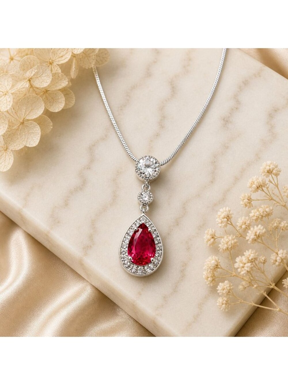 Pink Teardrop Necklace Sterling‎ Overlay Snake Chain Made with Swarovski Crystal